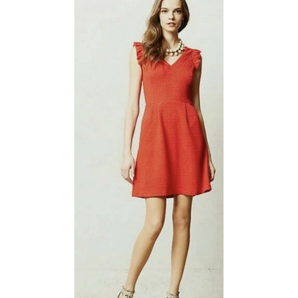 🌹Anthropologie Tabitha Women's Textured Ruffle Dress Lined w/Pockets Red Sz 4🌹